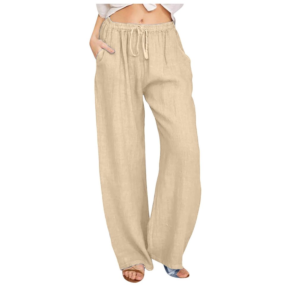Xiaojmake Women's Summer Cotton Linen Pants Wide Leg Casual Drawstring High Waist Palazzo Pants Loose Trouser with Pockets Khaki