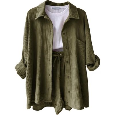 Women 2 Piece Outfits Sets Summer Fashion Long Sleeve Suit Tops Elastic High Waisted Short Sets with Pockets Trendy (Military Green,L)