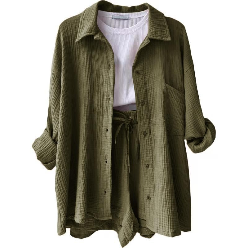 Women 2 Piece Outfits Sets Summer Fashion Long Sleeve Suit Tops Elastic High Waisted Short Sets with Pockets Trendy (Military Green,L)