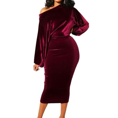 Women's One Shoulder Long Sleeve Party Dresses Ruched Wrap Bodycon Midi Velvet Dress Sexy Elegant Wedding Guest Dress (Medium,Red)