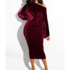 Women's One Shoulder Long Sleeve Party Dresses Ruched Wrap Bodycon Midi Velvet Dress Sexy Elegant Wedding Guest Dress (Medium,Red) view 2