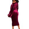 Women's One Shoulder Long Sleeve Party Dresses Ruched Wrap Bodycon Midi Velvet Dress Sexy Elegant Wedding Guest Dress (Medium,Red) view 3