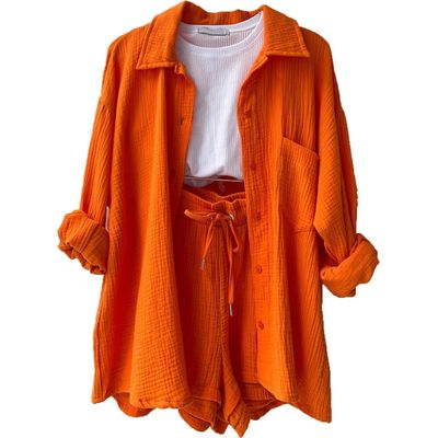 Women 2 Piece Outfits Sets Summer Fashion Long Sleeve Suit Tops Elastic High Waisted Short Sets with Pockets Trendy (Orange,XXL)