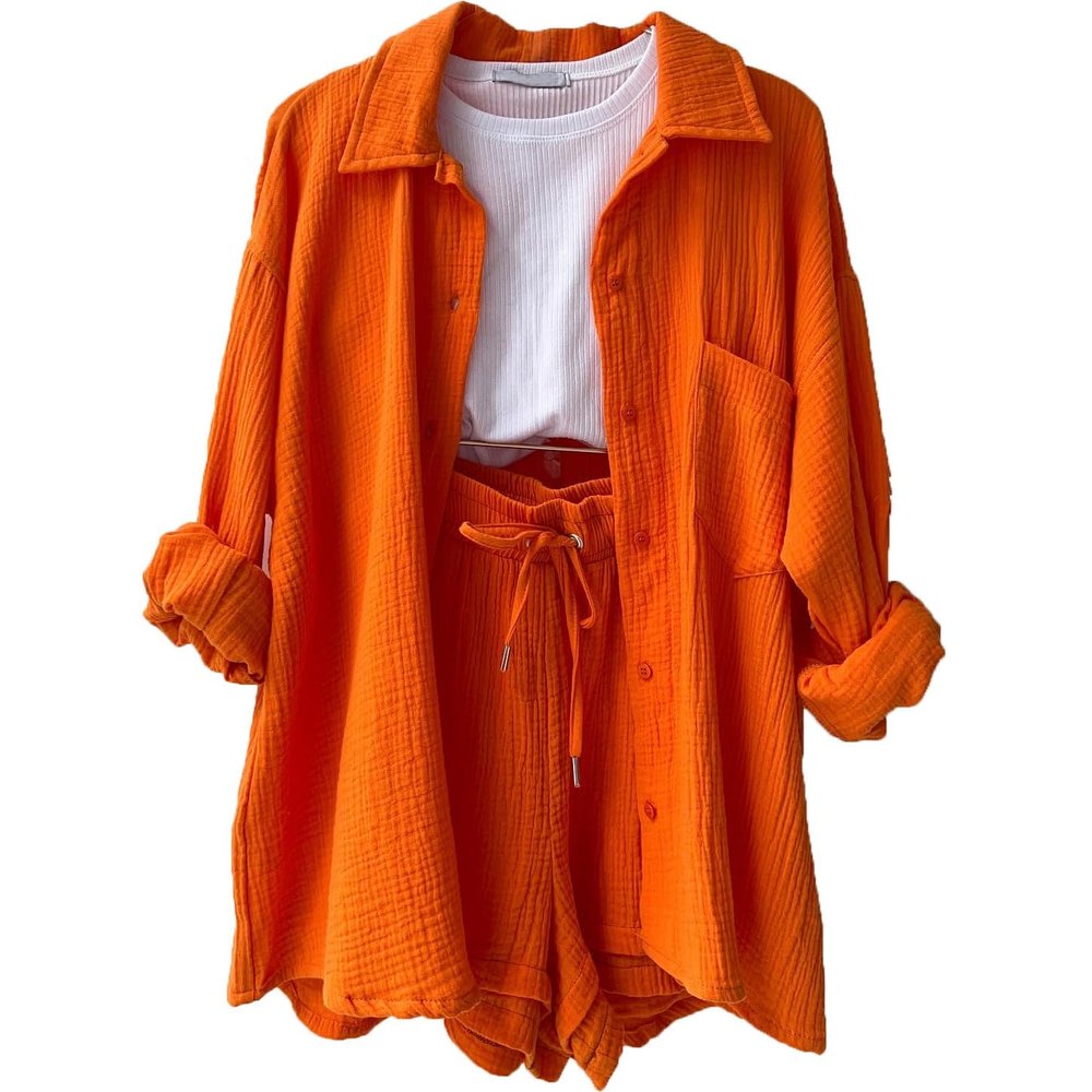 Women 2 Piece Outfits Sets Summer Fashion Long Sleeve Suit Tops Elastic High Waisted Short Sets with Pockets Trendy (Orange,XXL)