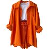 Women 2 Piece Outfits Sets Summer Fashion Long Sleeve Suit Tops Elastic High Waisted Short Sets with Pockets Trendy (Orange,XXL) view 1