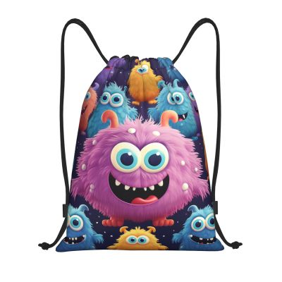 BTCOWZRV Drawstring Backpack Cartoon Colorful Monster Drawstring Bags Gym Bags for Men Women Draw String Bags Yoga Cinch Bag, Medium, Black