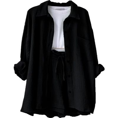 Women 2 Piece Outfits Sets Summer Fashion Long Sleeve Suit Tops Elastic High Waisted Short Sets with Pockets Trendy (Black,M)
