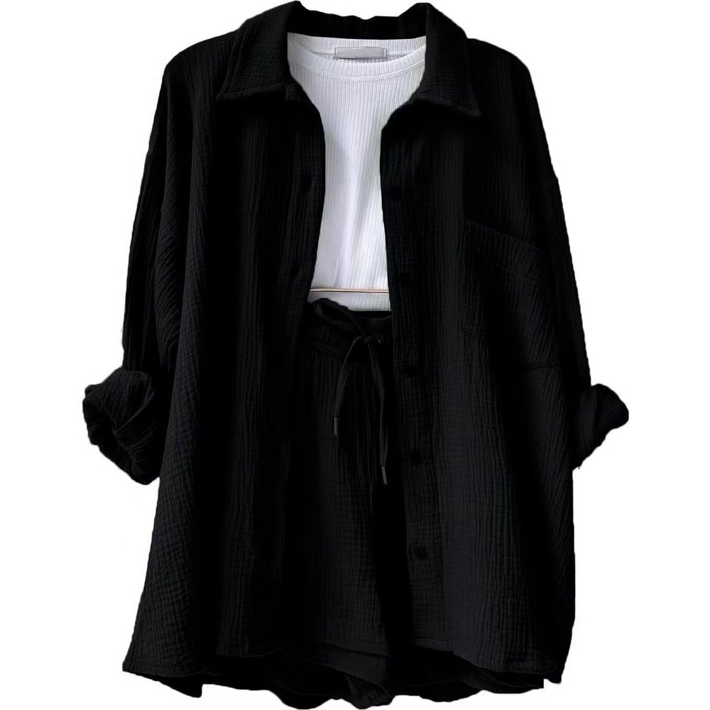 Women 2 Piece Outfits Sets Summer Fashion Long Sleeve Suit Tops Elastic High Waisted Short Sets with Pockets Trendy (Black,M)