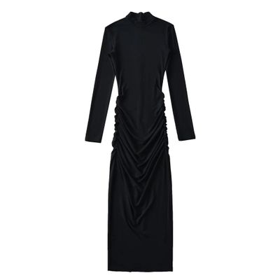 NineFit Basics Women'S Ruched Bodycon Dress Casual Plain Pleated Long Beach Dress Elegant Club Evening Party Cocktail Maxi Dresses (Large,Black)