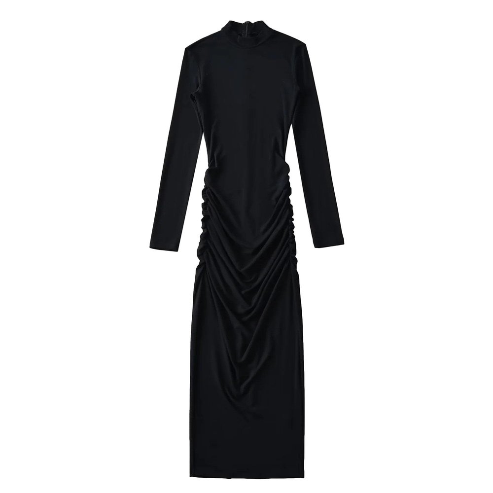 NineFit Basics Women'S Ruched Bodycon Dress Casual Plain Pleated Long Beach Dress Elegant Club Evening Party Cocktail Maxi Dresses (Large,Black)