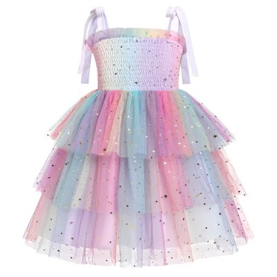 IBTOM CASTLE First Birthday Outfit Girl Baby: Toddler Girl Tutu Dress Summer Sequin Smocked Sleeveless Spaghetti Straps Backless Princess Tulle Dress Pageant Wedding Sundress Rainbow 12-18 Months