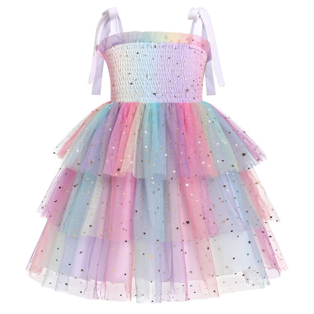 IBTOM CASTLE First Birthday Outfit Girl Baby: Toddler Girl Tutu Dress Summer Sequin Smocked Sleeveless Spaghetti Straps Backless Princess Tulle Dress Pageant Wedding Sundress Rainbow 12-18 Months