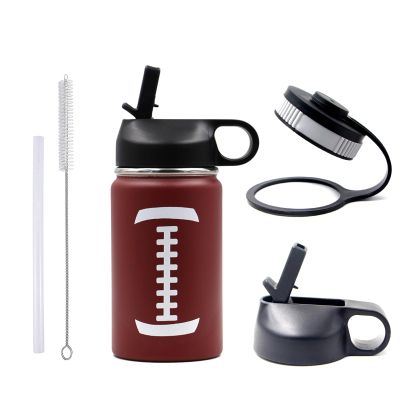 12 oz Football Water Bottle with Straw, Sports Flask Metal Travel Tumbler with 2 Lids, Stainless Steel Double Wall Vacuum Insulated Leak Proof Thermo Water Bottles, Football Gear Gifts for Boys Girls