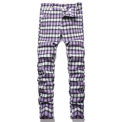 NOVOCCT Plaid Pants for Men - Skinny Mens Dress Pants - Stretch Slim Fit Business Casual Dress Chinos for Men (Purple White Plaid - T24, 42)