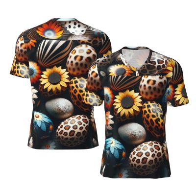 Stylish Athletic Sports Jersey Easter-Eggs-Daisies-Leopard Men's Rugby Jersey X-Large