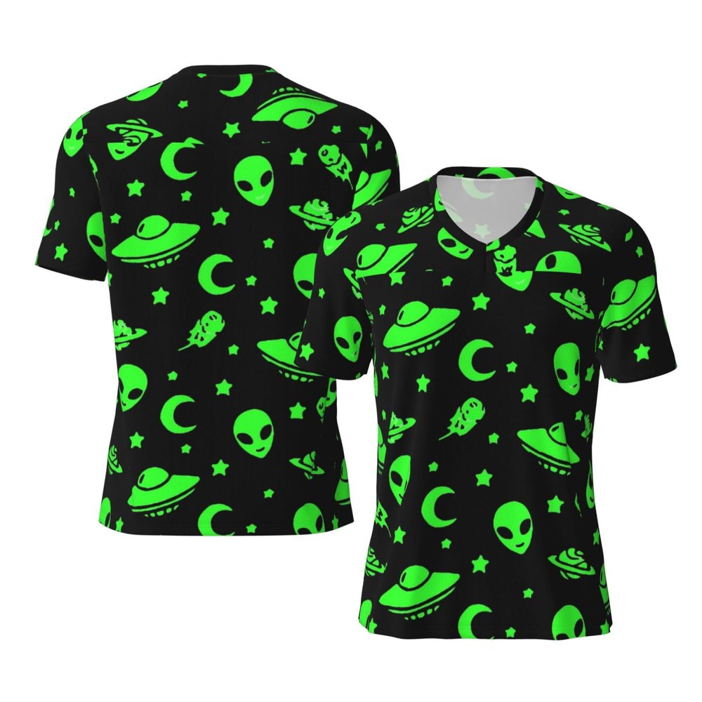 Stylish Athletic Sports Jersey Alien-Funny-Spaceships-Planet Men's Rugby Jersey 4X-Large Black