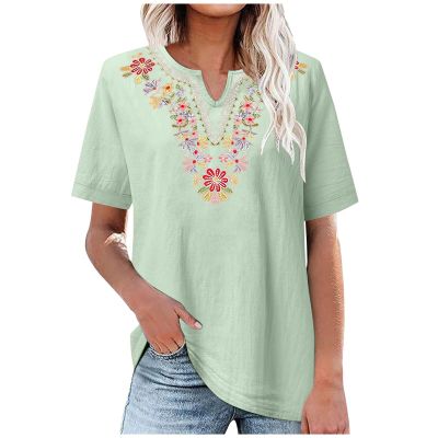 Womens Embroidered Shirt Cotton Linen Short Sleeve Blouses Peasant Boho Tops Casual V Neck Loose Tunics Stylish Green-b