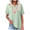 Womens Embroidered Shirt Cotton Linen Short Sleeve Blouses Peasant Boho Tops Casual V Neck Loose Tunics Stylish Green-b view 1