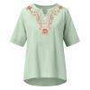 Womens Embroidered Shirt Cotton Linen Short Sleeve Blouses Peasant Boho Tops Casual V Neck Loose Tunics Stylish Green-b view 3