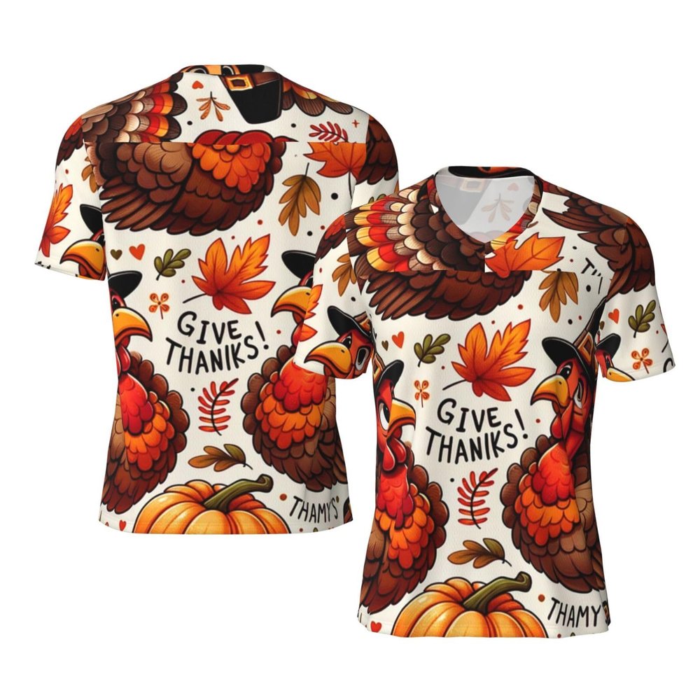 Stylish Athletic Sports Jersey Thanksgiving-Turkey-Leaves Men's Rugby Jersey Large Black