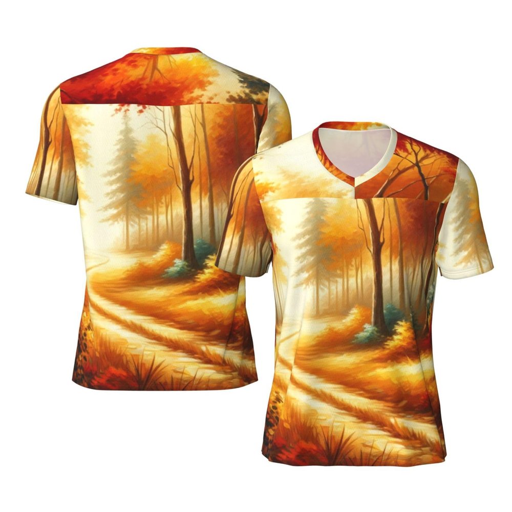 Stylish Athletic Sports Jersey Autumn-Forest-Road-Painting Men's Rugby Jersey Small