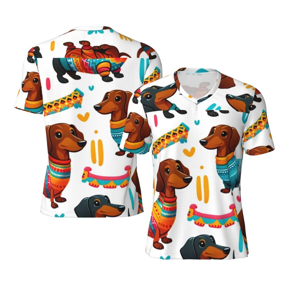 Stylish Athletic Sports Jersey Dachshund-in-Colorful-Sweaters Men's Rugby Jersey X-Large