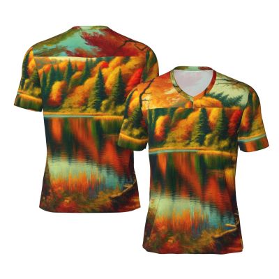 Stylish Athletic Sports Jersey Forest-Lake-in-Autumn Men's Rugby Jersey X-Large