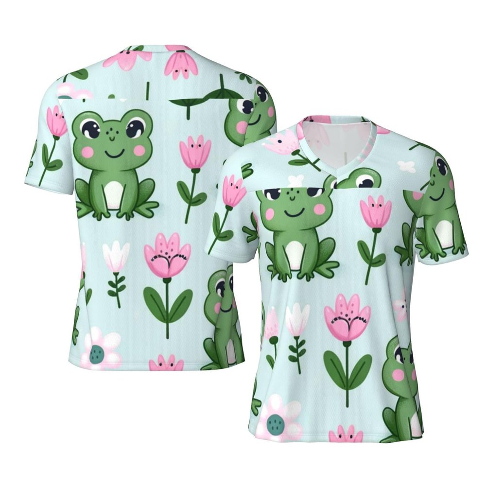 Stylish Athletic Sports Jersey Green-Frogs-Flowers Men's Rugby Jersey 4X-Large