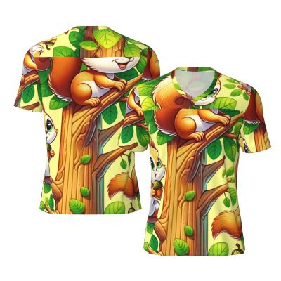 Stylish Athletic Sports Jersey Cute-Cartoon-Squirrel-On-Tree Men's Rugby Jersey Medium Black
