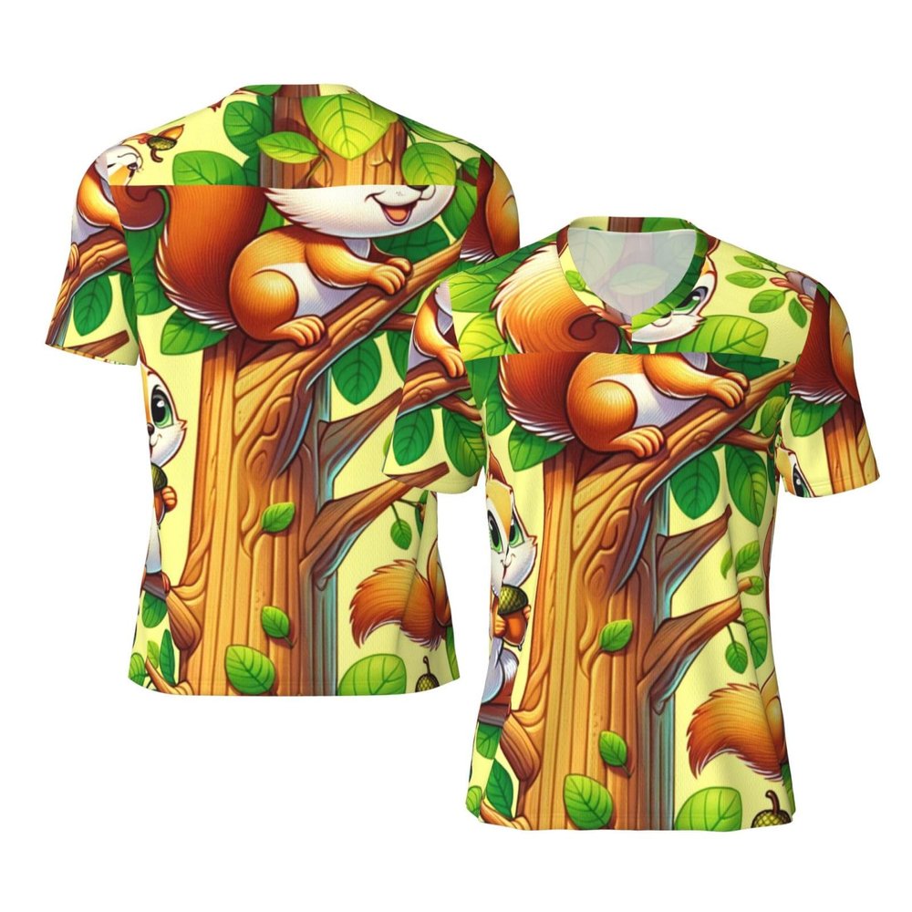 Stylish Athletic Sports Jersey Cute-Cartoon-Squirrel-On-Tree Men's Rugby Jersey Medium Black
