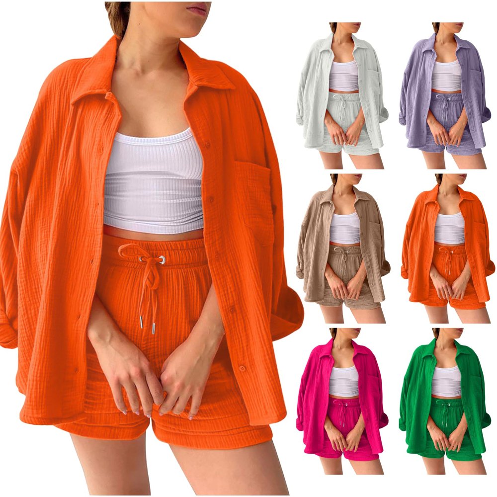 Generic Two Piece Summer Outfits Cotton Linen Sets Button Down Shirt Top and Drawstring Shorts Casual Tracksuit Comfy Lounge Sets, XX-Large, #18orange
