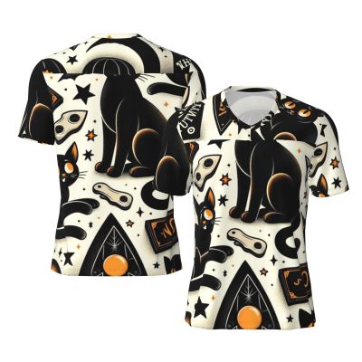 Stylish Athletic Sports Jersey Halloween-Mystical-Cats Men's Rugby Jersey 3X-Large Black