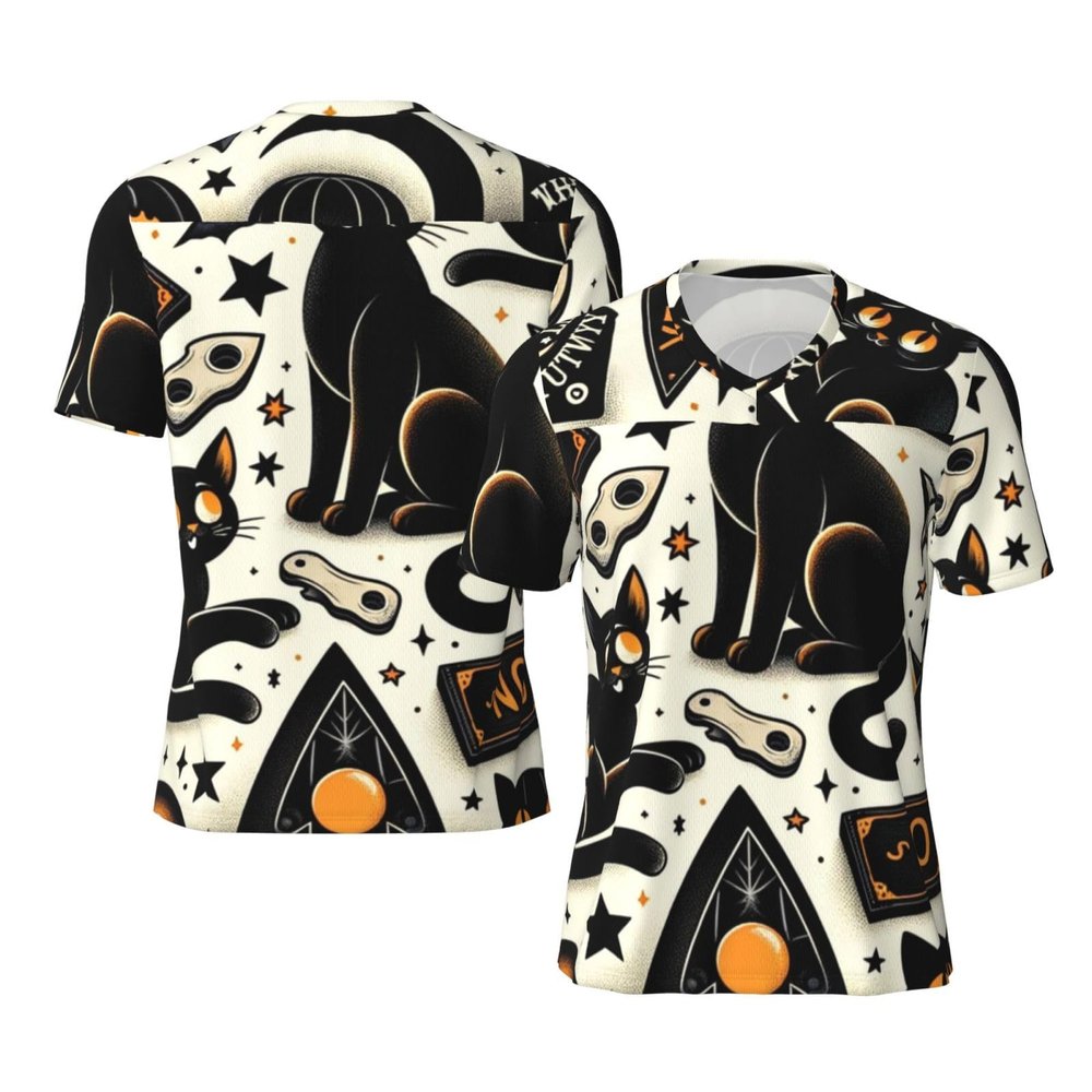 Stylish Athletic Sports Jersey Halloween-Mystical-Cats Men's Rugby Jersey 3X-Large Black