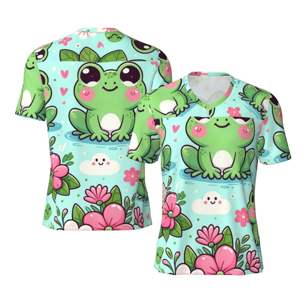 Stylish Athletic Sports Jersey Kawaii-Frog-Flowers Men's Rugby Jersey Small
