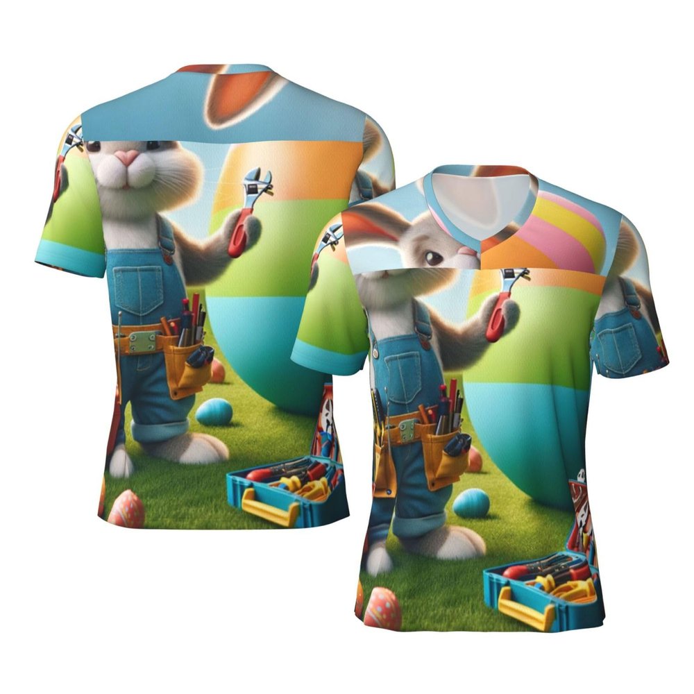 Stylish Athletic Sports Jersey Easter-Rabbit-Eggs-Electrician Men's Rugby Jersey 3X-Large Black
