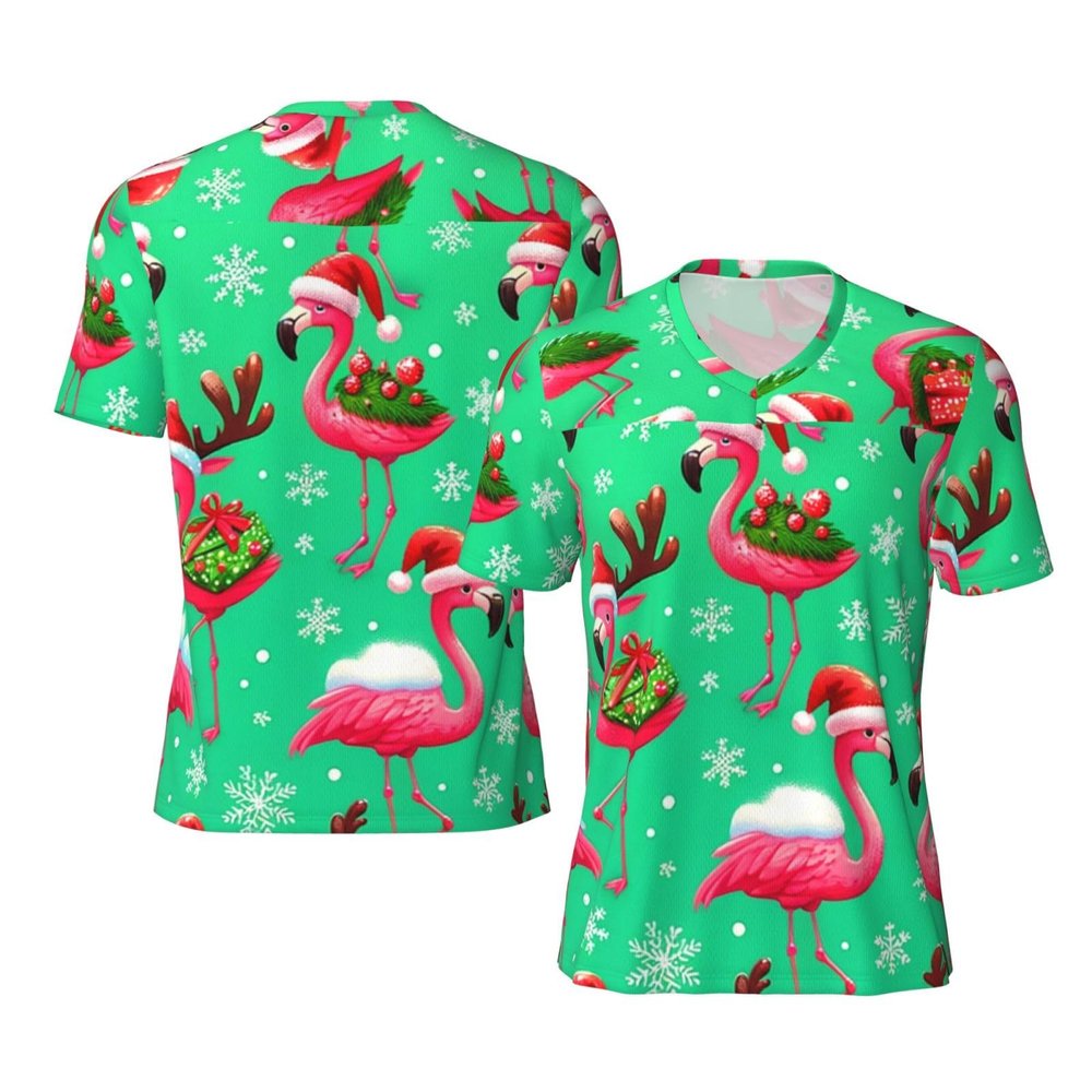 Stylish Athletic Sports Jersey Christmas-Flamingos-Snowflakes Men's Rugby Jersey Xx-Large