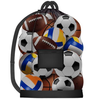 Handy Laundry Mesh Ball Bag 30x40 In - Up to 15 Balls, Large Capacity Sports Equipment Sack with Adjustable Shoulder Strap & Drawstring Closure - Durable Mesh for Soccer, Basketball & More (Black)