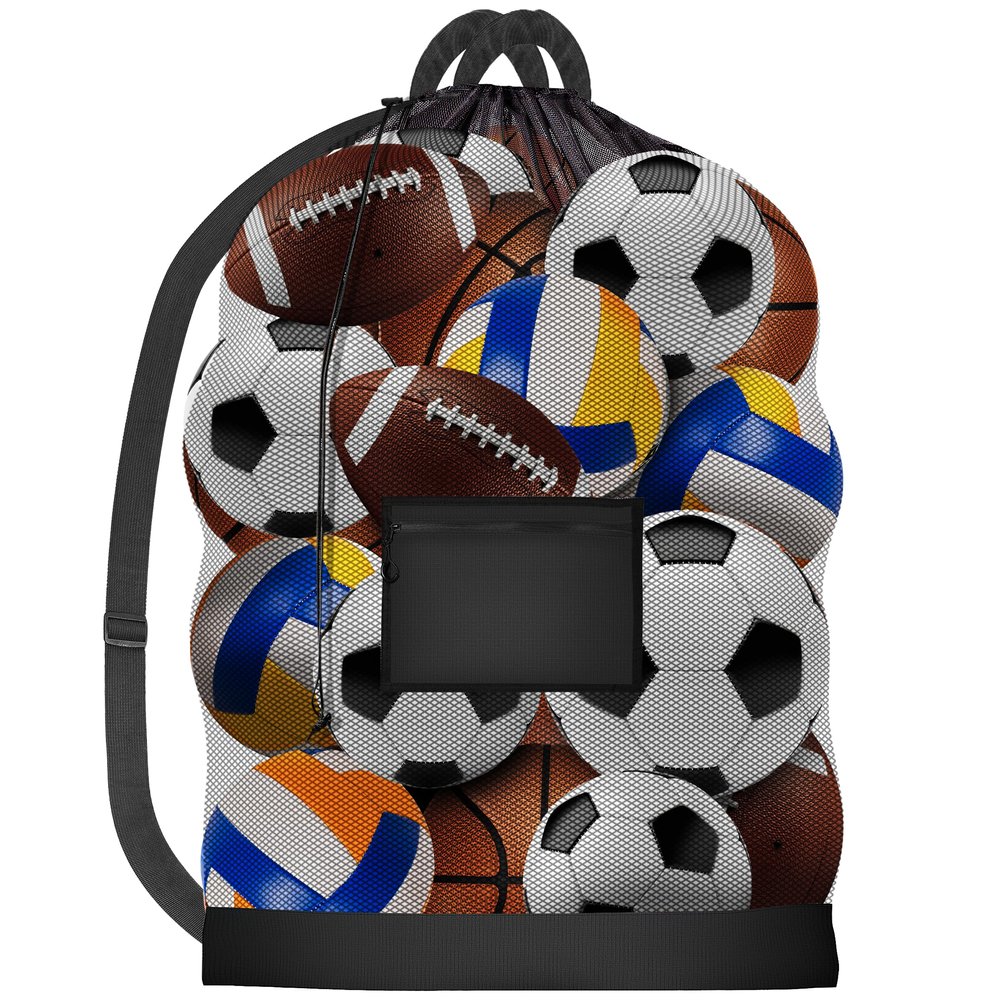 Handy Laundry Mesh Ball Bag 30x40 In - Up to 15 Balls, Large Capacity Sports Equipment Sack with Adjustable Shoulder Strap & Drawstring Closure - Durable Mesh for Soccer, Basketball & More (Black)