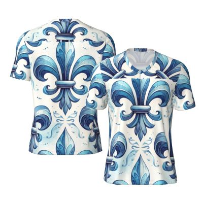 Stylish Athletic Sports Jersey Watercolor-Blue-Fleur-De-Lis Men's Rugby Jersey Large