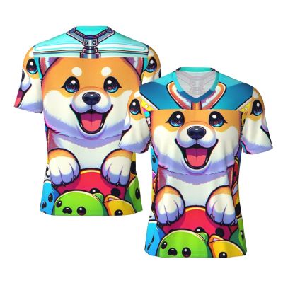 Stylish Athletic Sports Jersey Shiba-Inu-Funny-Catching Men's Rugby Jersey 4X-Large Black