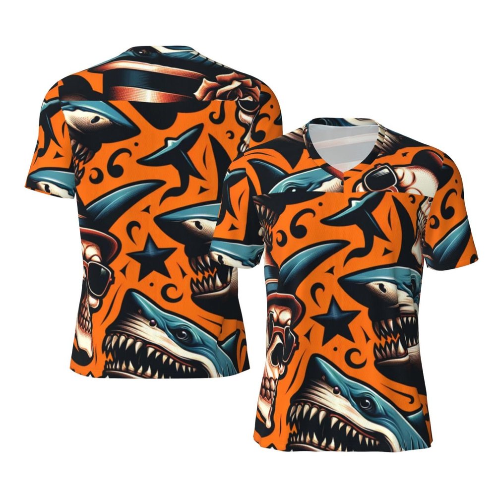 Stylish Athletic Sports Jersey Hipster-Shark-Skull Men's Rugby Jersey Large