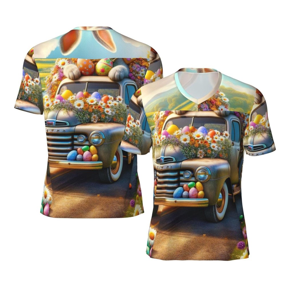 Stylish Athletic Sports Jersey Easter-Rabbit-Truck-Eggs Men's Rugby Jersey 3X-Large Black