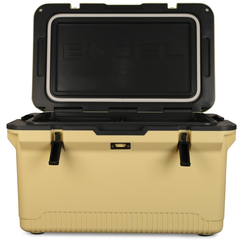 ENGEL 60 QT Ultra-Light Injection Molded Cooler - Ice Chest Keeps Ice 7 Days - Large Cooler Wire Basket, Divider and Built-in Bottle Opener - Fighting Lady Yellow with Dark Grey Interior (Yellow)