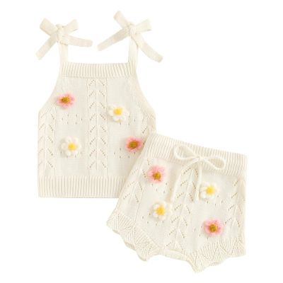 Doisbetthsay Toddler Girl Fall Outfits Knit Baby Clothes Tie-up Camisole With Elastic Waist Shorts 2 Pcs Clothing Set (A White, 18-24 Months)