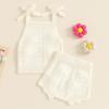 Doisbetthsay Toddler Girl Fall Outfits Knit Baby Clothes Tie-up Camisole With Elastic Waist Shorts 2 Pcs Clothing Set (A White, 18-24 Months) view 4