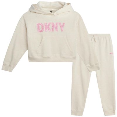 DKNY Girls Jogger Set - 2 Piece Soft Fleece Athletic Pullover Hooded Kids Sweatshirts and Jogger Sweatpants for Girls, Size 7, Oatmeal Heather Logo