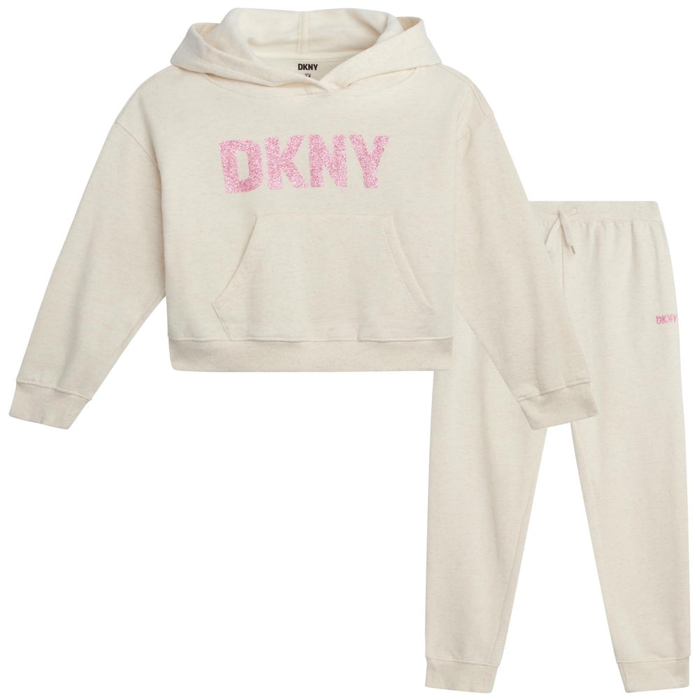 DKNY Girls Jogger Set - 2 Piece Soft Fleece Athletic Pullover Hooded Kids Sweatshirts and Jogger Sweatpants for Girls, Size 7, Oatmeal Heather Logo