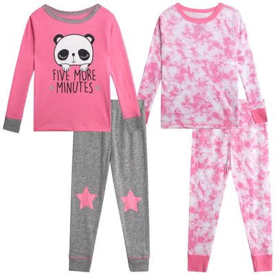 Rene Rofe Girls Pajama Set - 4 Piece Breathable Soft Toddler Long Sleeve Girls Pajamas Sleep Shirt & Pants PJs Matching Set, Size 2T, Tie Dye Panda