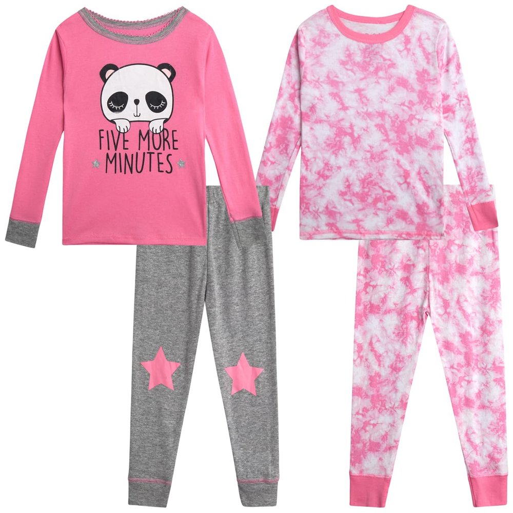 Rene Rofe Girls Pajama Set - 4 Piece Breathable Soft Toddler Long Sleeve Girls Pajamas Sleep Shirt & Pants PJs Matching Set, Size 2T, Tie Dye Panda