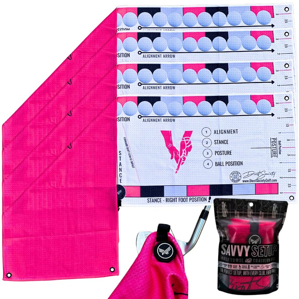 Divot Society Savvy Setup Training Aid Golf Towel | for Improving Their Scores & Consistency (4 Pack, Pink)